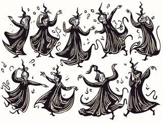 A Group Of Black And White Characters - medieval satanic dancing witches.