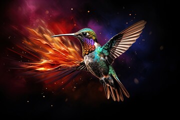 Drama in the air: A hummingbird emerges with wings wide against a fiery abstract backdrop.