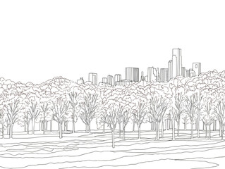 A Line Drawing Of Trees And A City - New York City - central park view to manhattan