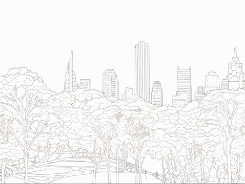A Line Drawing Of A City - New York City - central park view to manhattan