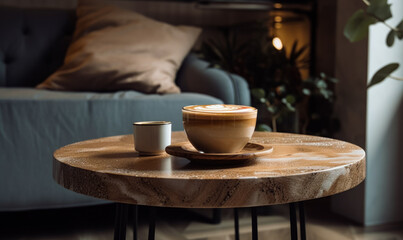 A Cozy Morning: A Table Set with a Warm Cup of Coffee to Start the Day. A table with a cup of coffee on it