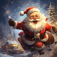 Children's book, New Year and Christmas holidays, Santa Claus rushes to the holiday, cartoons, animals, Christmas trees, graphic drawing, AI generator