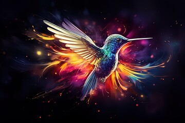 Obraz premium Drama in the air: A hummingbird emerges with wings wide against a fiery abstract backdrop.