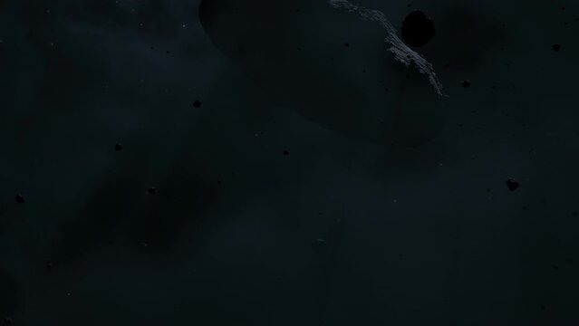 Asteroid belt field in dark outer space. 3D animation wide pan shot. Rock formations of cosmic debris and giant Meteorites. Celestial objects on starry stars background with dust nebula haze low light