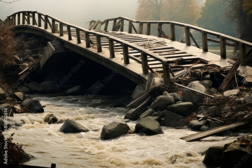 Poster destroyed bridge. background with selective focus and copy space for text