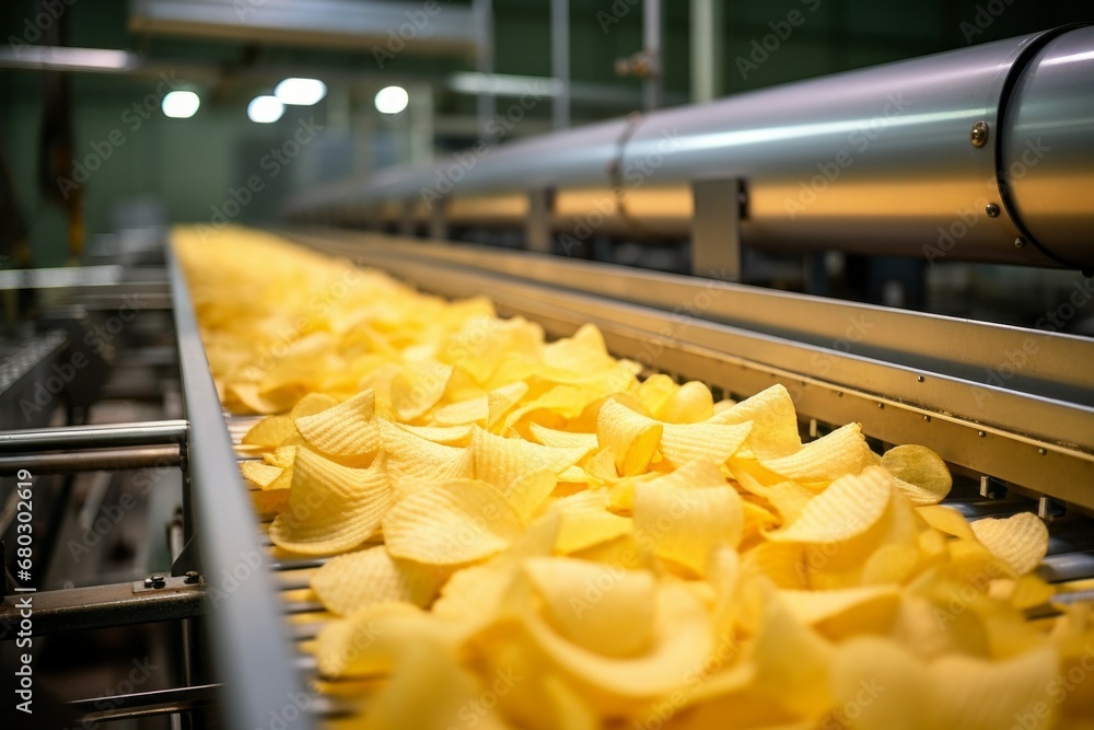 Poster chips factory. production conveyor line. background with selective focus and copy space