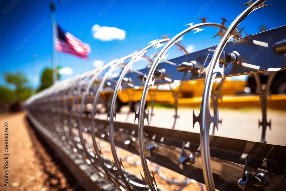 Poster barbed wire on the us state border. background with selective focus and copy space