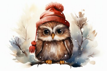 Watercolor drawing of an owl. Merry Christmas and Happy New Year concept. Background with copy space
