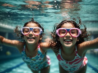 Candid photo of two young children swimming underwater, wearing swim goggles. 