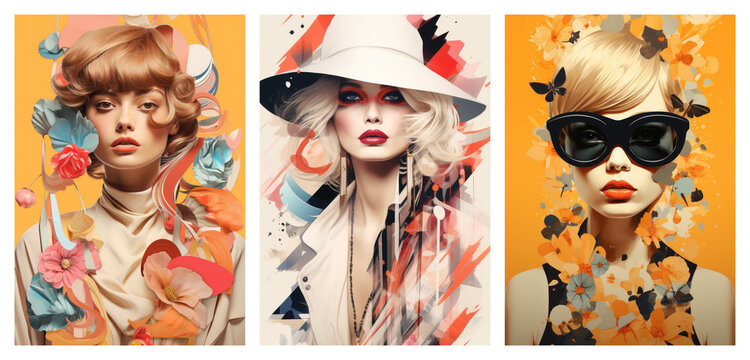 Set of abstract fasion art posters, colorful painting modern woman concept art