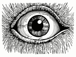 A Black And White Drawing Of An Eye - Pen and ink illustration of an eyeball man.
