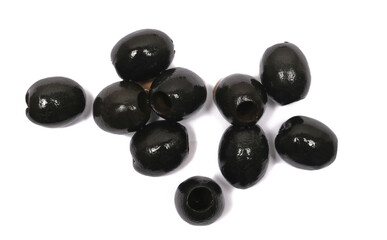 Black olives isolated on white background, top view