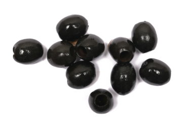 Black olives isolated on white background, top view