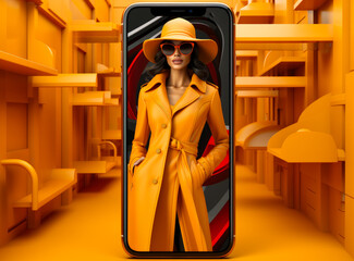 Shopping icon in smartphone screen. A woman in a yellow coat and hat in a cell phone