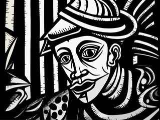 A Black And White Drawing Of A Man - Pinocchio expressionist woodcut. - obrazy, fototapety, plakaty