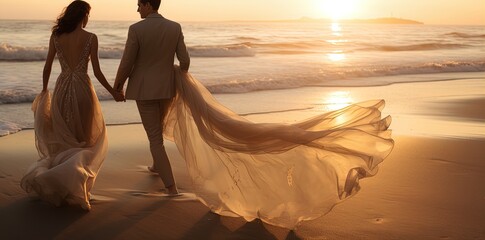 Fototapeta na wymiar Sunset stroll: A couple in elegant attire walks along the beach, romance in the sea breeze.