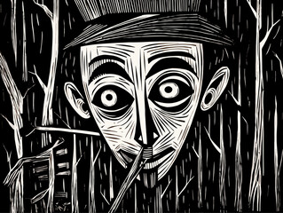 A Woodcut Of A Man With A Cigarette In His Mouth - Pinocchio expressionist woodcut. - obrazy, fototapety, plakaty