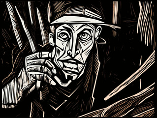 A Man With A Hat - Pinocchio expressionist woodcut. - obrazy, fototapety, plakaty