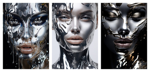Set of female surreal art posters, abstract black and silver modern woman concept art