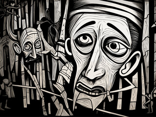 A Black And White Drawing Of A Man_S Face - Pinocchio expressionist woodcut. - obrazy, fototapety, plakaty