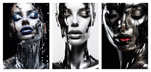 Set of female surreal art posters, abstract black and silver modern woman concept art - obrazy, fototapety, plakaty