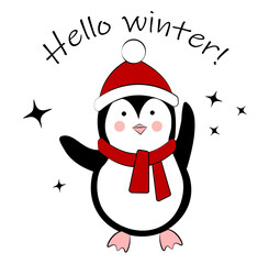 Penguin in hat and scarf on white background