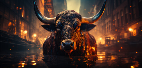 Stock market bull gold chart gold trading. A bull with large horns standing in the middle of a street - obrazy, fototapety, plakaty