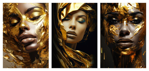 Set of female surreal art posters, abstract black and golden modern woman concept art - obrazy, fototapety, plakaty