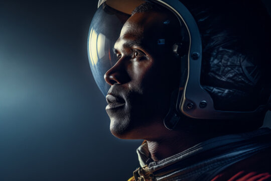 AI Generated Image of side view of African American male astronaut in space costume and helmet in outer space