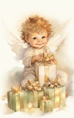 Fototapeta premium Heavenly young cherub among a of wrapped presents