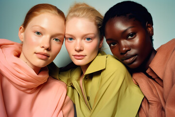 Three women pose for the camera in front of a blue background created with generative AI technology