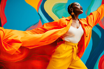 A black woman in a yellow outfit is dancing created with generative AI technology