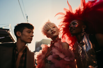 Generative AI image of diverse trendy people at a LGBT festival