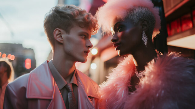 Generative AI of multiethnic queer couple intimate moment at LGBT festival