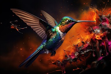Drama in the air: A hummingbird emerges with wings wide against a fiery abstract backdrop.