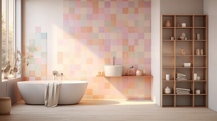 Fototapeta na wymiar Pastel Tile Delight: A bathroom wall adorned with pastel-colored tiles, lending a soft and inviting ambiance.