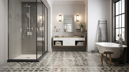 Patterned Perfection: A bathroom floor adorned with patterned tiles, creating a visually striking design.