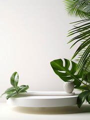 Product display podium with nature leaves on white background, empty podium, copy space, generative ai