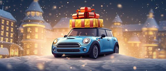 coche portando paquetes regalos de navidad empaquetados sobre el techo en superficie nevada y fondo...
