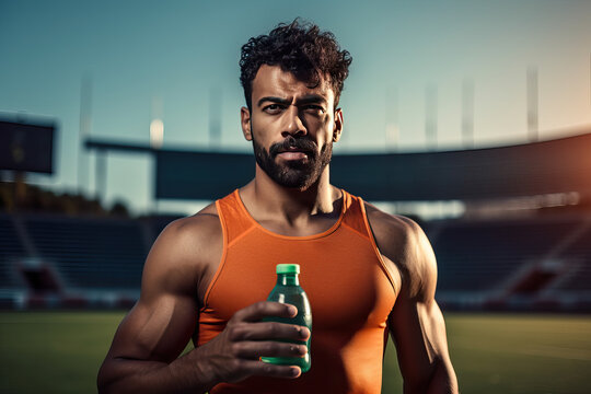 Generative AI image of focused muscular ethnic male athlete in sportswear looking at camera while taking a break from running practice with a water bottle at stadium