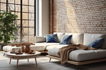 Modern bright interiors. White sofa with pillows. Interior Design of a Cozy Living Room for Real Estate Agencies.