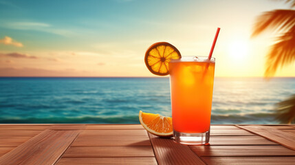Red cocktail on table, sea in the background