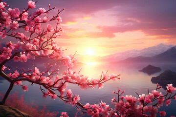 Pink spring blossom in the sunset light, generated by AI