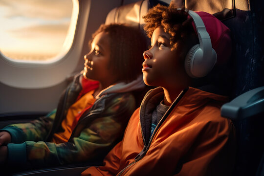 Generative AI image of two African American children enjoying a plane ride at sunset, one with headphones looking away contemplative