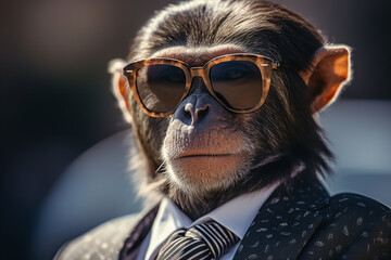 Generative AI image of chic chimpanzee wearing sunglasses and a stylish suit looking at camera while standing against blurred background