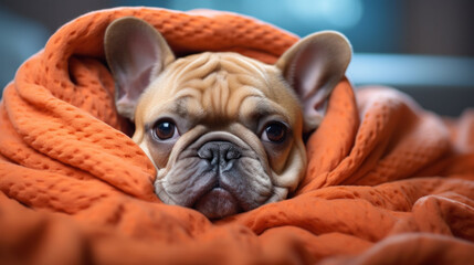 An orange blanket enfolds a French bulldog, highlighting its inquisitive eyes and adding warmth to the pet's restful moment. A blend of comfort and curiosity captured in a home setting.
