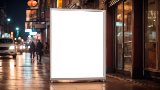 Blank billboard mockup on city street at night. 3d rendering