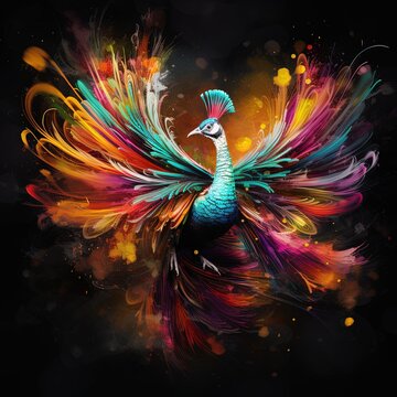 Feathers of fantasy: A peacock in flight, its plumage a burst of spectacular colors.