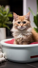 A fluffy ginger cat sits comfortably in a modern bowl, its gaze soft and relaxed in the tranquil indoor setting.
