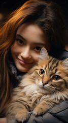 A radiant young woman lovingly holds her ginger cat, their connected gazes reflecting a special bond in a serene environment.

